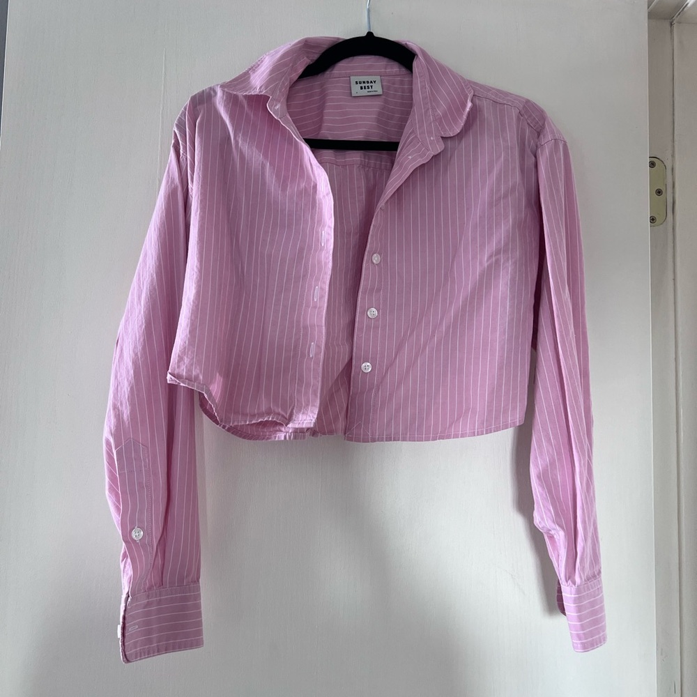 ARITZIA Pink Striped Cropped Shirt SIZE 2 SUNDAY BEST